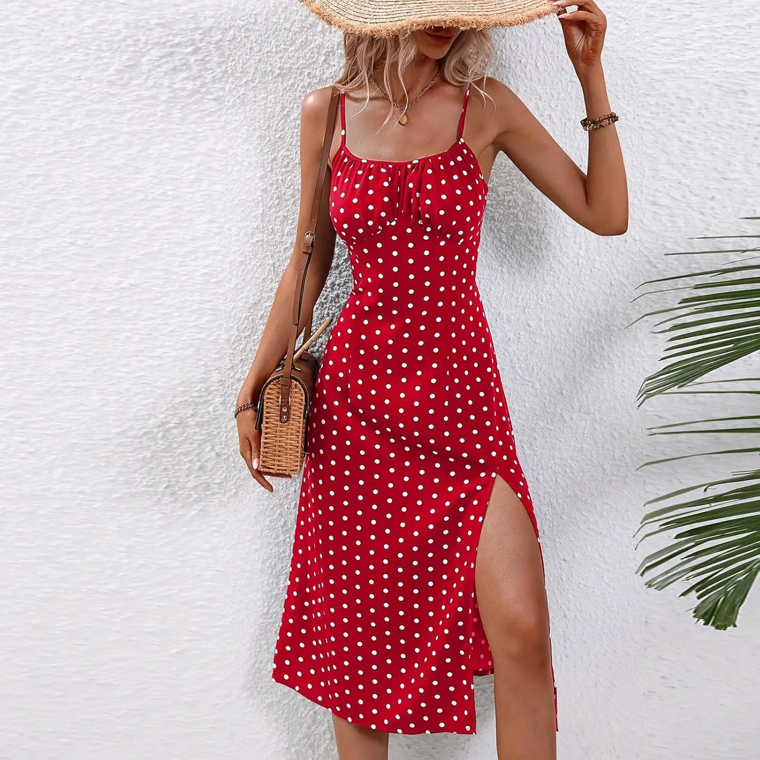 Sexy Dresses for Women Spaghetti Strap Empire Waist Side Split Summer Dresses Flowy Beach Wedding Vacation Sundress