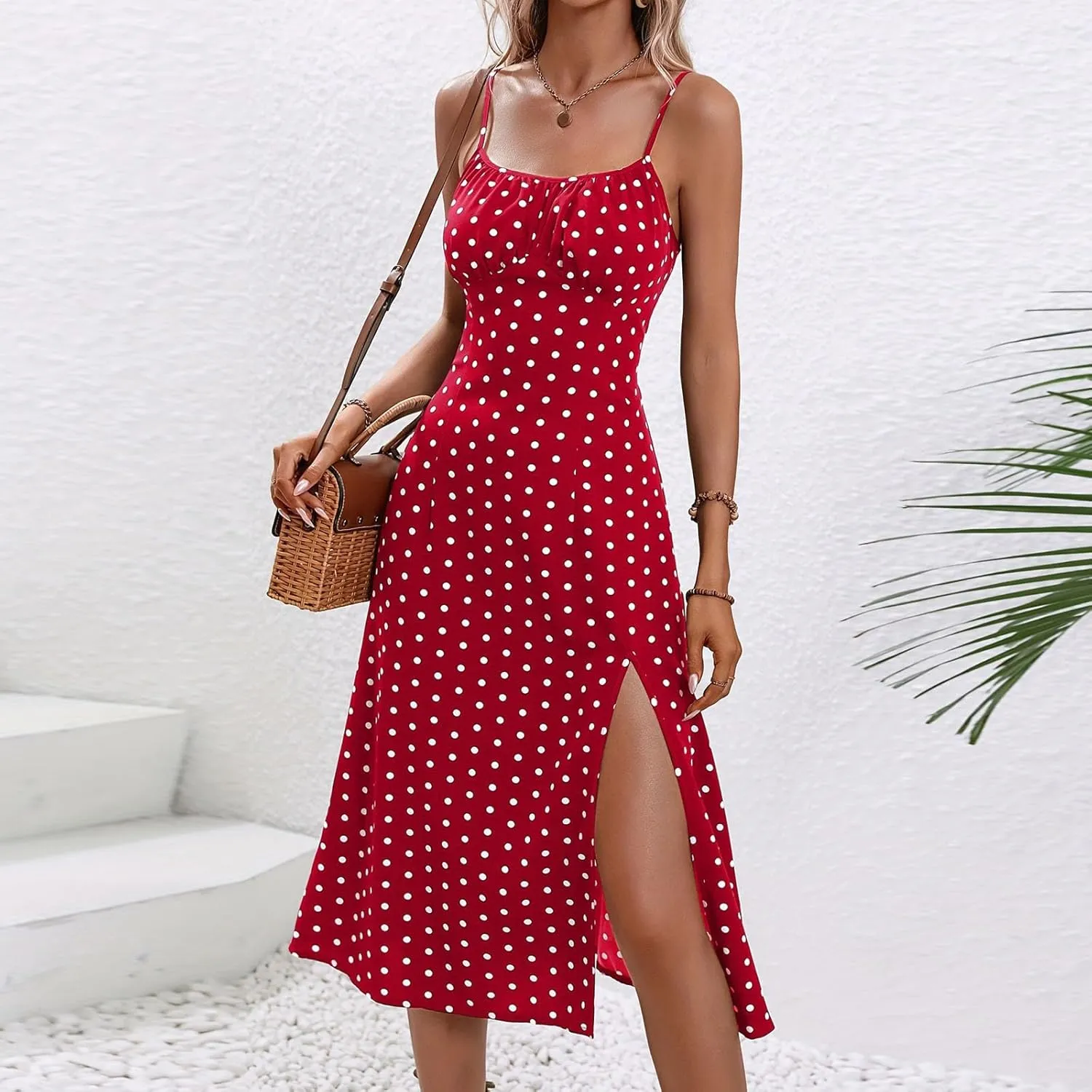 Sexy Dresses for Women Spaghetti Strap Empire Waist Side Split Summer Dresses Flowy Beach Wedding Vacation Sundress