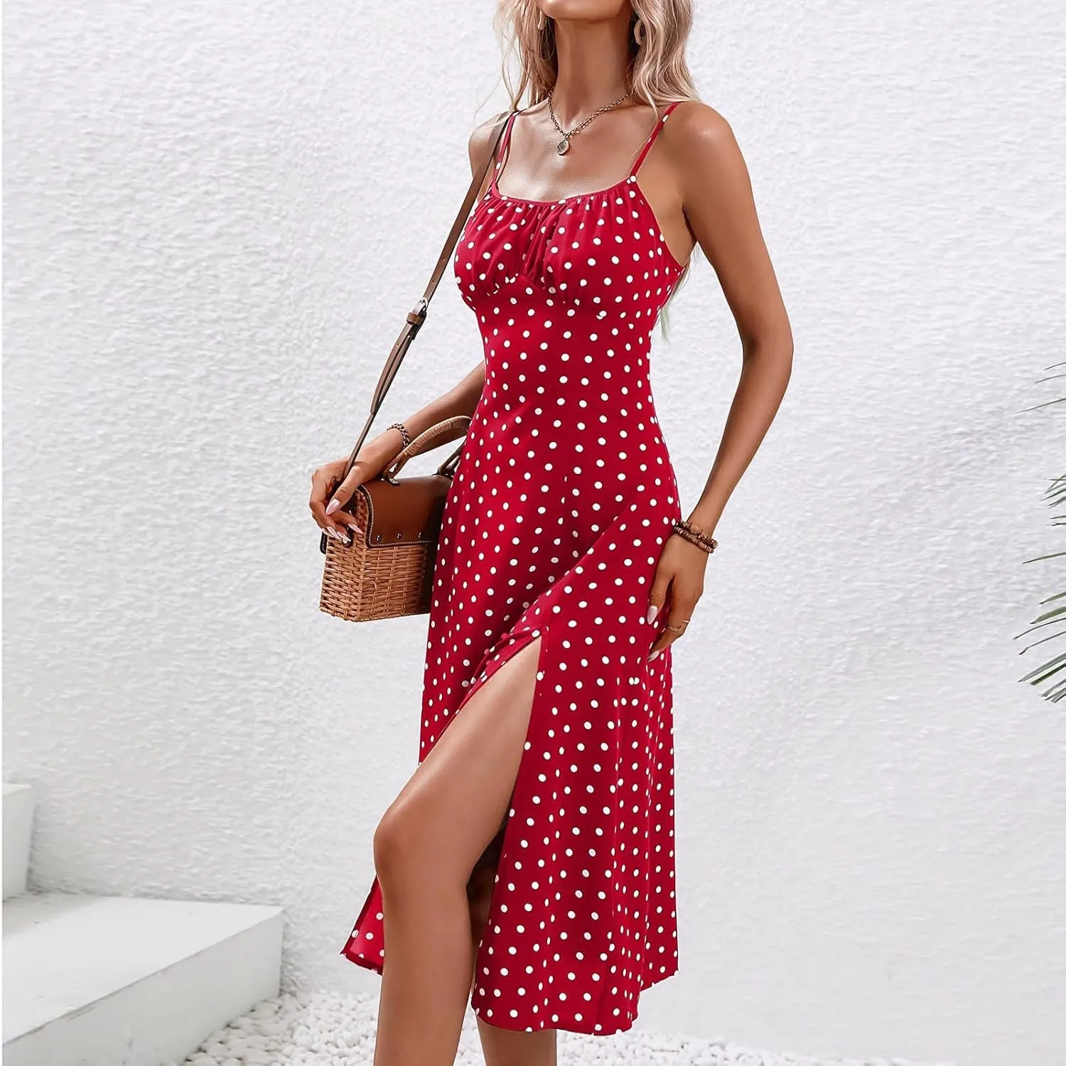 Sexy Dresses for Women Spaghetti Strap Empire Waist Side Split Summer Dresses Flowy Beach Wedding Vacation Sundress