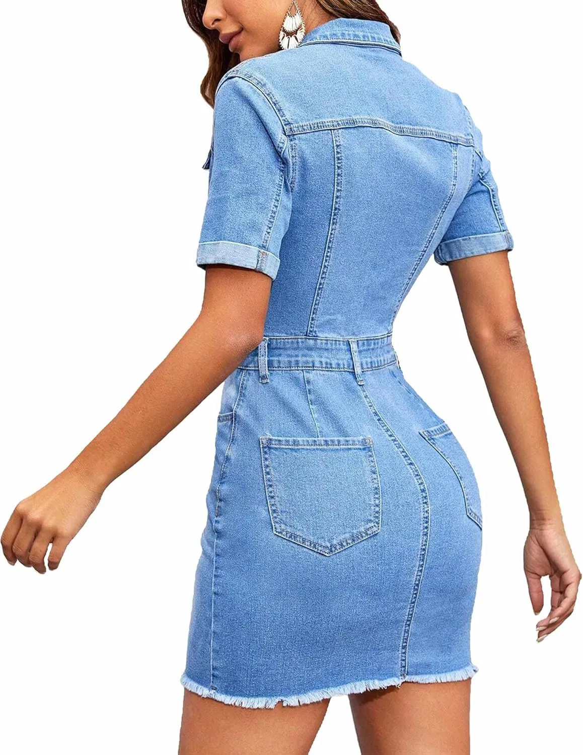 Sexyshine Women's Sexy Button Down Bodycon Denim Dress Lapel V Neck Short Sleeve Jeans Mini Pencil Club Dresses