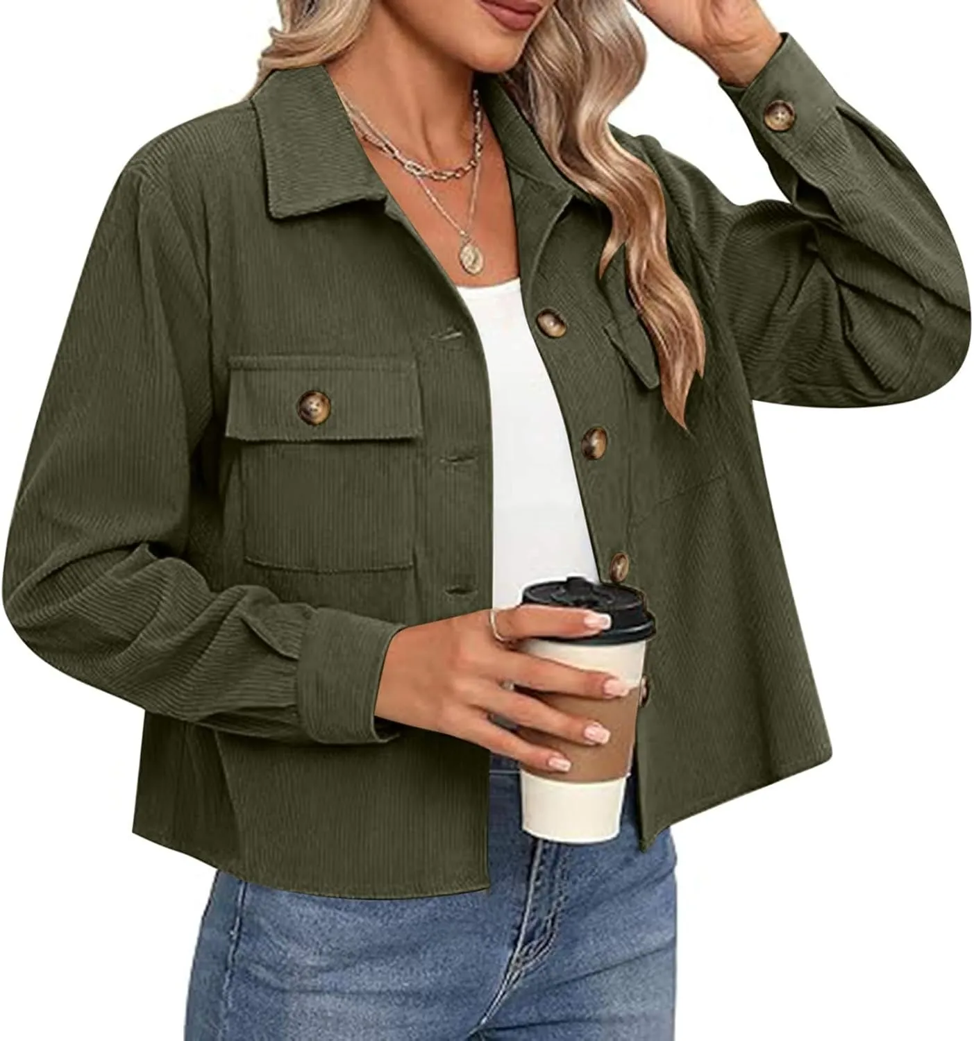 Shackets for Women 2024 Fashion Cropped Jackets Corduroy Button Down Crop Shackets Tops Long Sleeve Trendy Shirts