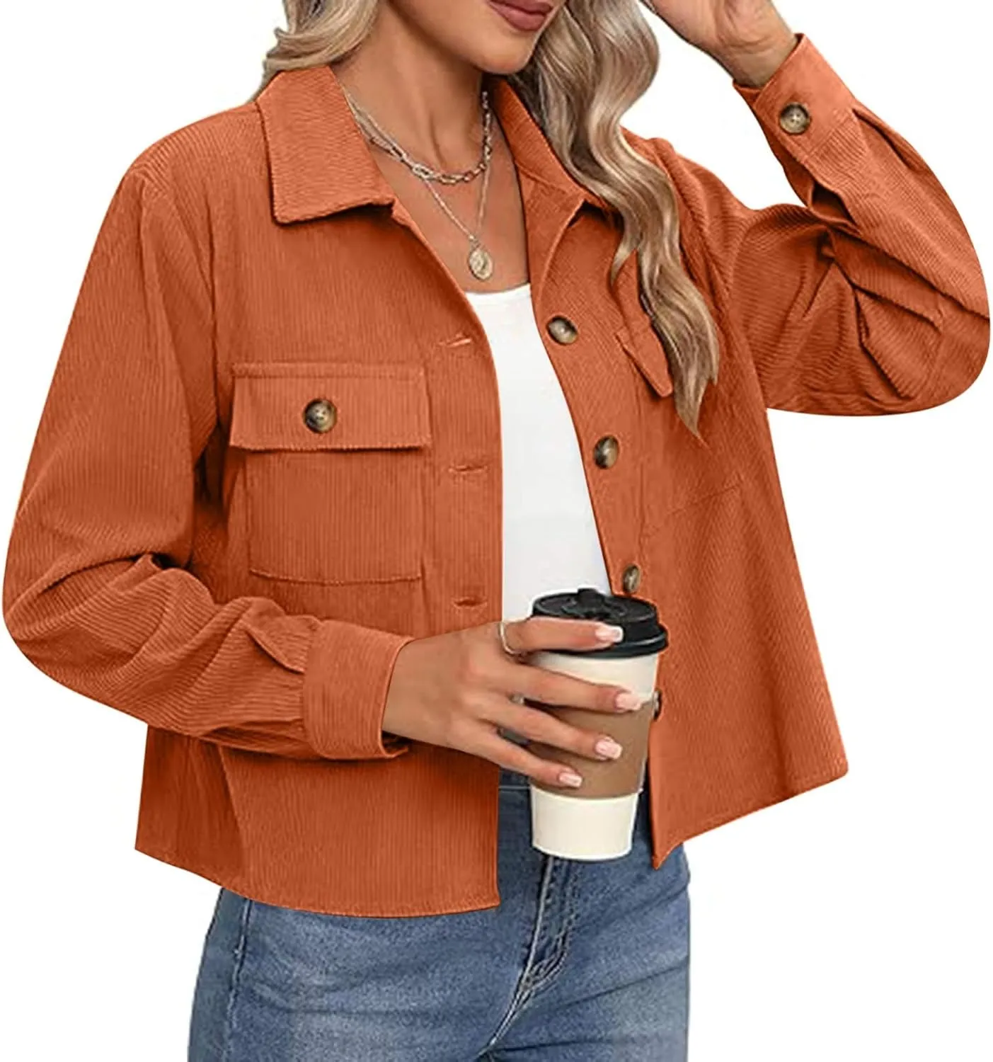 Shackets for Women 2024 Fashion Cropped Jackets Corduroy Button Down Crop Shackets Tops Long Sleeve Trendy Shirts