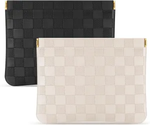 Sightor 2PCS Pocket Cosmetic Bag for Purse, Checkered Makeup Bag Portable Leather Cosmetic Bag for Women, Coin Purse Lipstick Cosmetic Accessories Organizer Travel Cosmetic Pouch (Black, Beige, L)