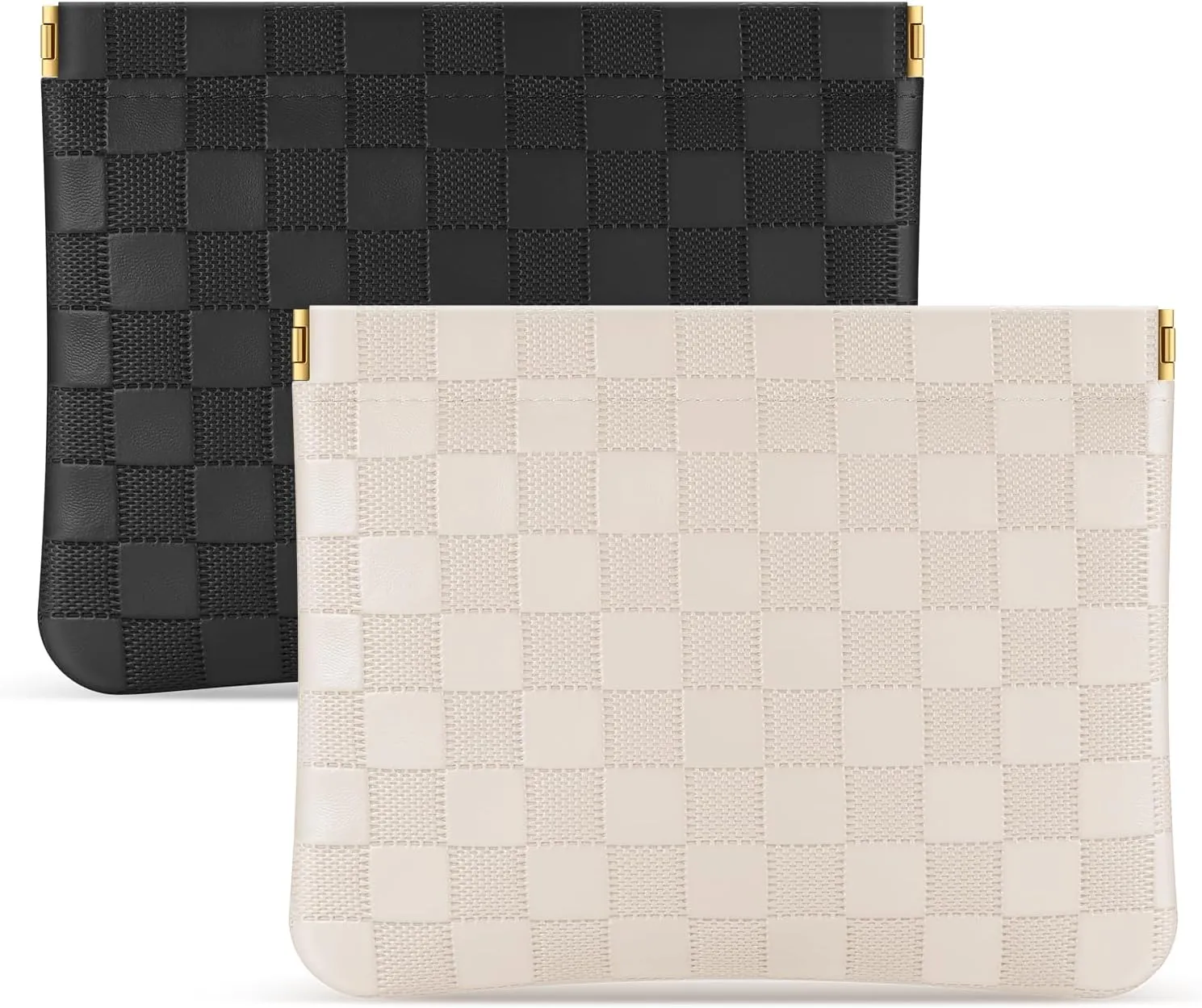 Sightor 2PCS Pocket Cosmetic Bag for Purse, Checkered Makeup Bag Portable Leather Cosmetic Bag for Women, Coin Purse Lipstick Cosmetic Accessories Organizer Travel Cosmetic Pouch (Black, Beige, L)