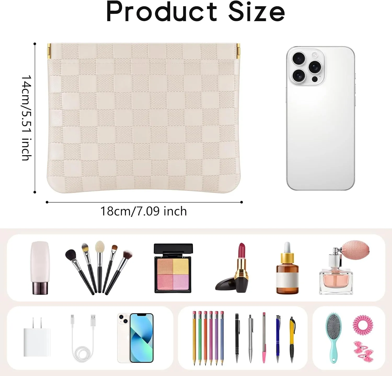 Sightor 2PCS Pocket Cosmetic Bag for Purse, Checkered Makeup Bag Portable Leather Cosmetic Bag for Women, Coin Purse Lipstick Cosmetic Accessories Organizer Travel Cosmetic Pouch (Black, Beige, L)