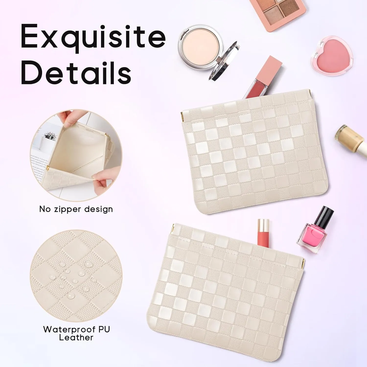 Sightor 2PCS Pocket Cosmetic Bag for Purse, Checkered Makeup Bag Portable Leather Cosmetic Bag for Women, Coin Purse Lipstick Cosmetic Accessories Organizer Travel Cosmetic Pouch (Black, Beige, L)