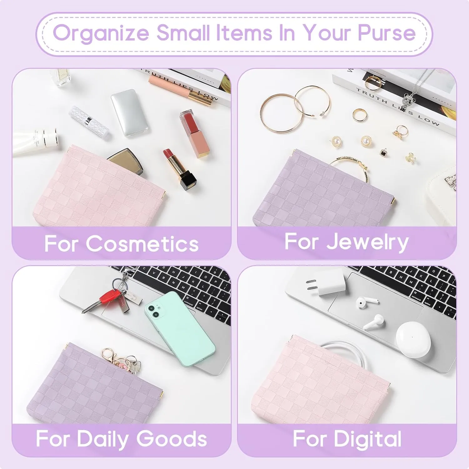 Sightor 2PCS Pocket Cosmetic Bag for Purse, Checkered Makeup Bag Portable Leather Cosmetic Bag for Women, Coin Purse Lipstick Cosmetic Accessories Organizer Travel Cosmetic Pouch (Pink, Purple, L)