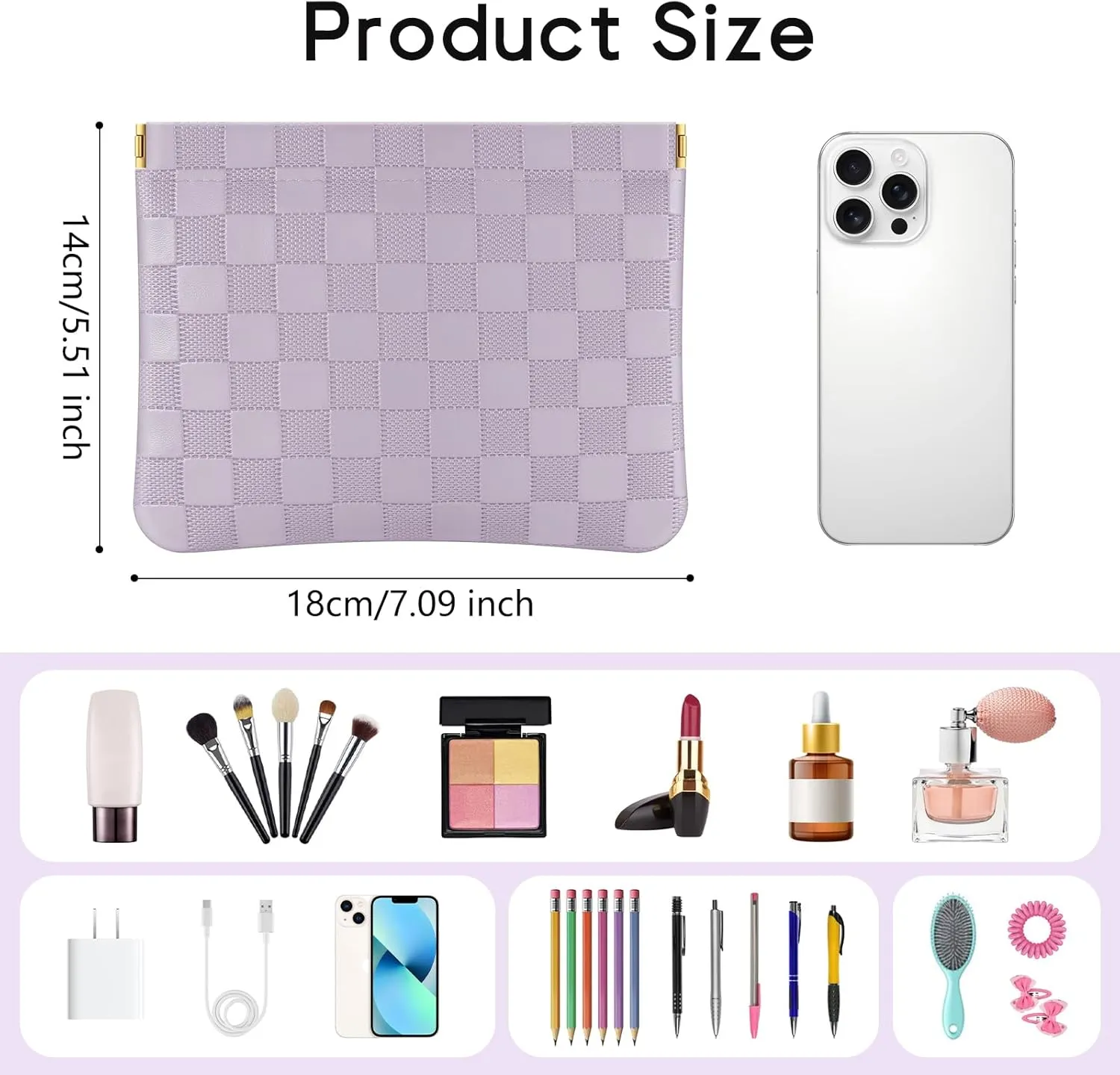 Sightor 2PCS Pocket Cosmetic Bag for Purse, Checkered Makeup Bag Portable Leather Cosmetic Bag for Women, Coin Purse Lipstick Cosmetic Accessories Organizer Travel Cosmetic Pouch (Pink, Purple, L)