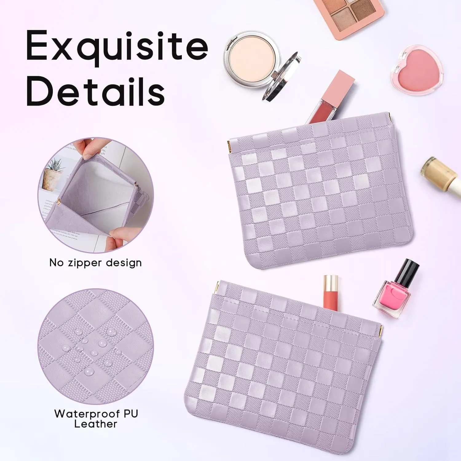 Sightor 2PCS Pocket Cosmetic Bag for Purse, Checkered Makeup Bag Portable Leather Cosmetic Bag for Women, Coin Purse Lipstick Cosmetic Accessories Organizer Travel Cosmetic Pouch (Pink, Purple, L)