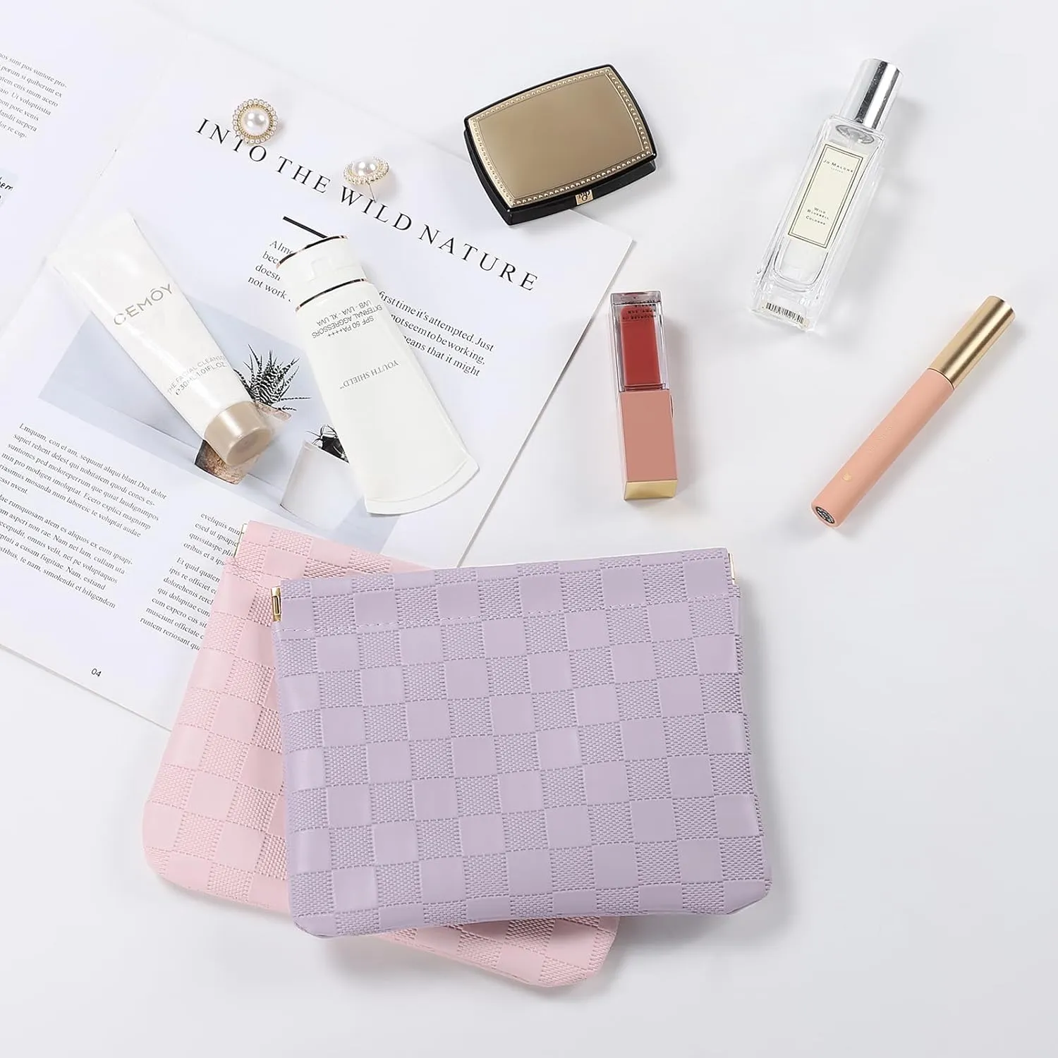 Sightor 2PCS Pocket Cosmetic Bag for Purse, Checkered Makeup Bag Portable Leather Cosmetic Bag for Women, Coin Purse Lipstick Cosmetic Accessories Organizer Travel Cosmetic Pouch (Pink, Purple, L)