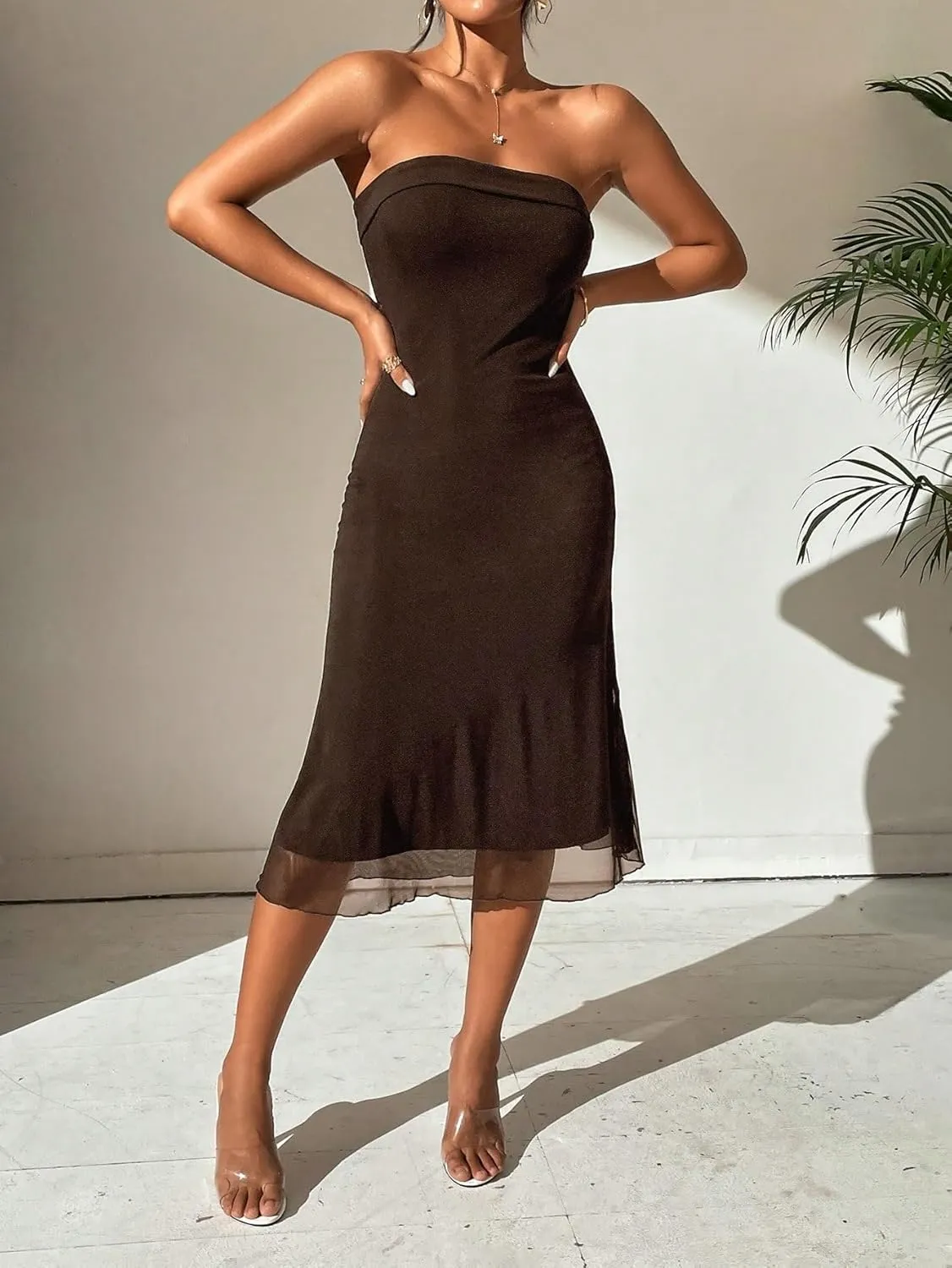 SOLY HUX Women's Strapless Midi Dress Tube Top Off Shoulder Sleeveless Fitted Cocktail Club Party Formal Long Dresses