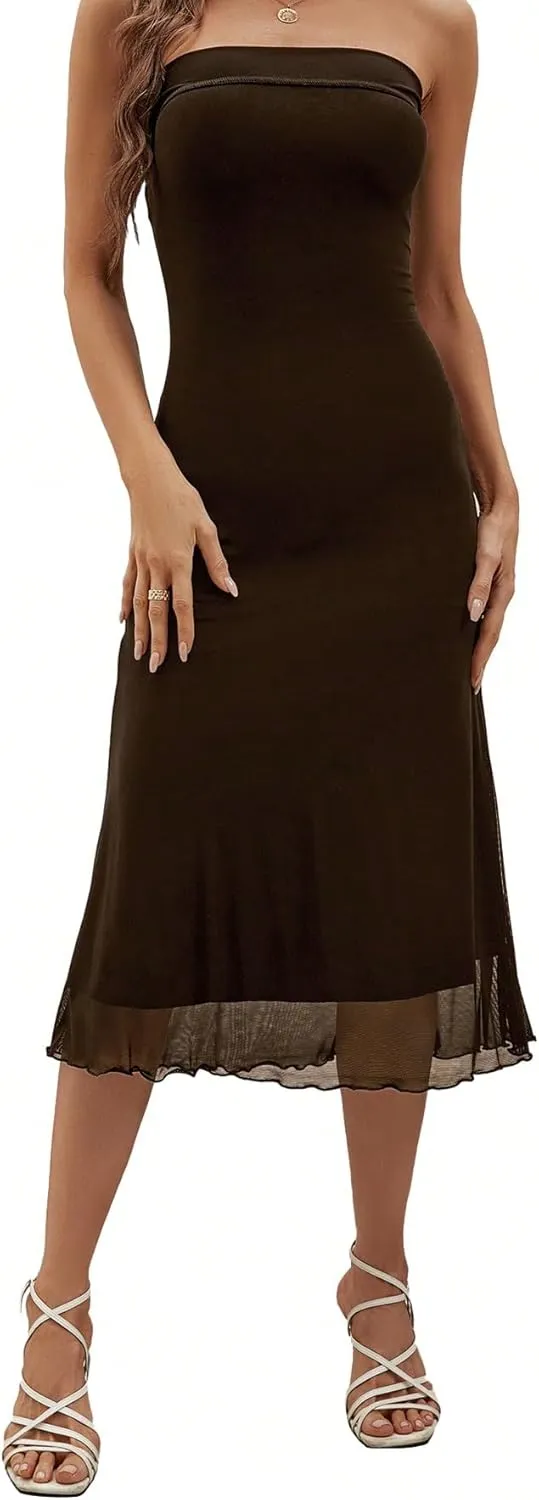 SOLY HUX Women's Strapless Midi Dress Tube Top Off Shoulder Sleeveless Fitted Cocktail Club Party Formal Long Dresses