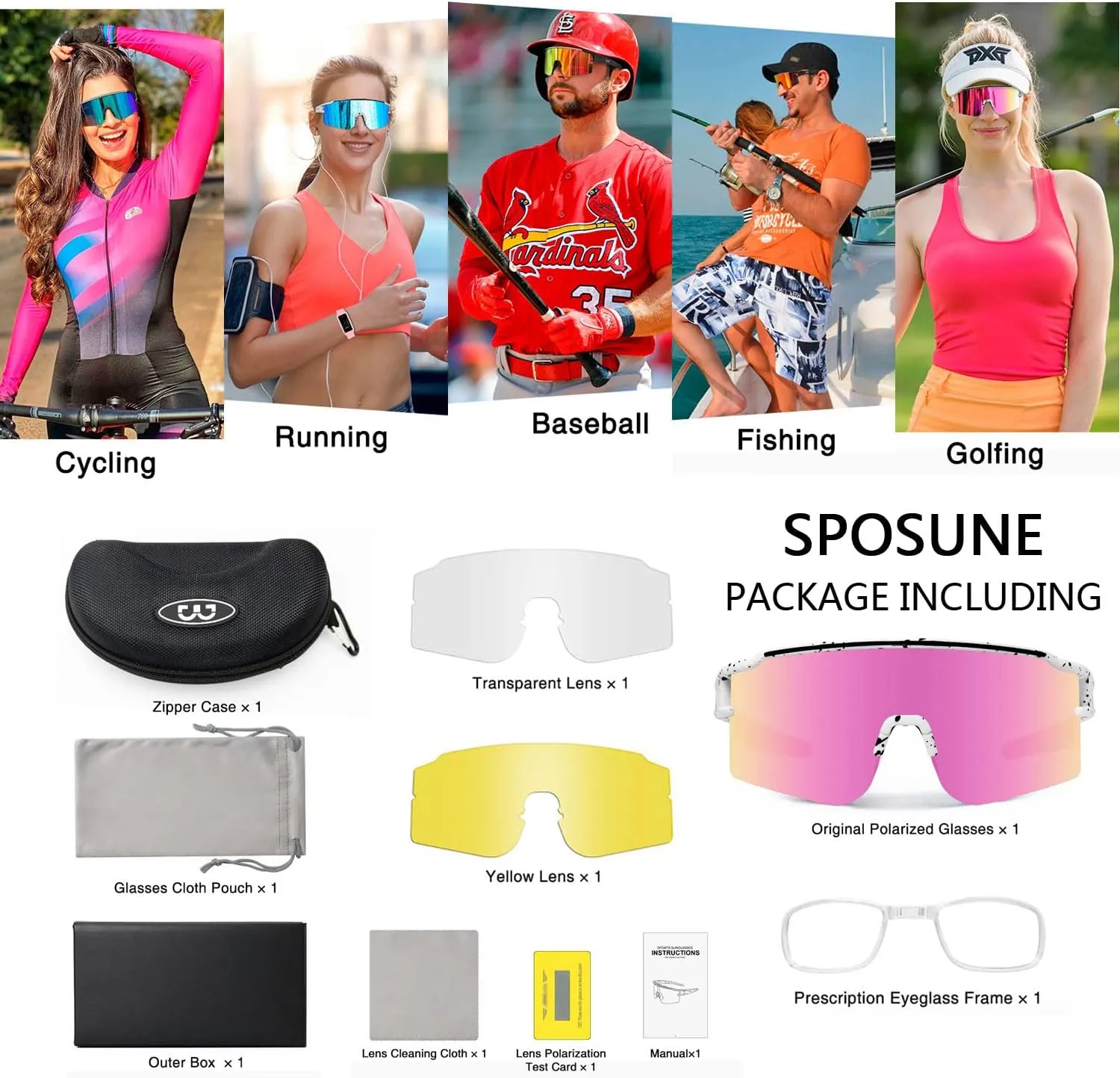 SPOSUNE Polarized Cycling Glasses with 3 Interchangeable Lenses for Women Men, TR90 Sports Sunglasses Running Baseball