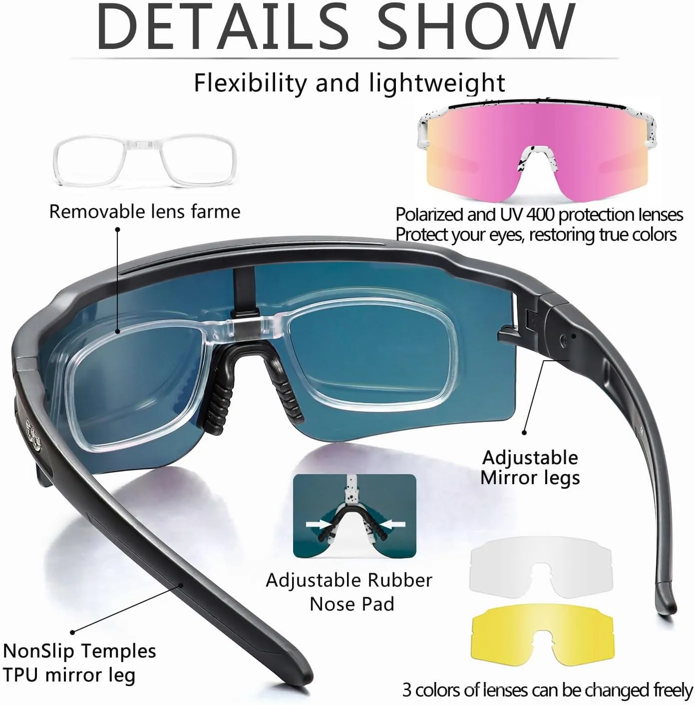 SPOSUNE Polarized Cycling Glasses with 3 Interchangeable Lenses for Women Men, TR90 Sports Sunglasses Running Baseball