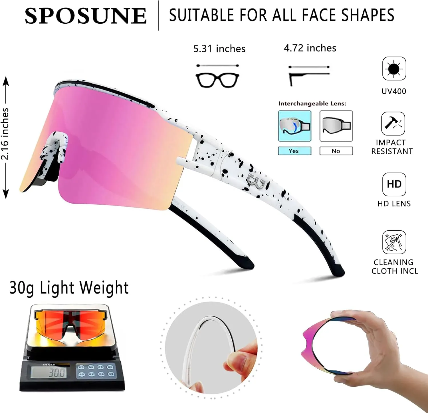 SPOSUNE Polarized Cycling Glasses with 3 Interchangeable Lenses for Women Men, TR90 Sports Sunglasses Running Baseball