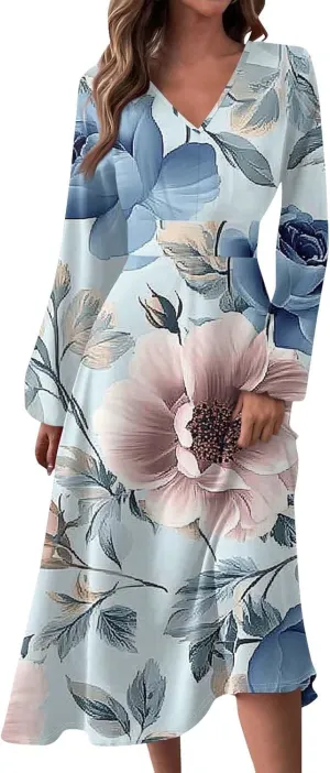 Spring Dresses for Women 2025 Midi V Neck Long Sleeve Summer Casual Modest Tea Length Western Loose Dress