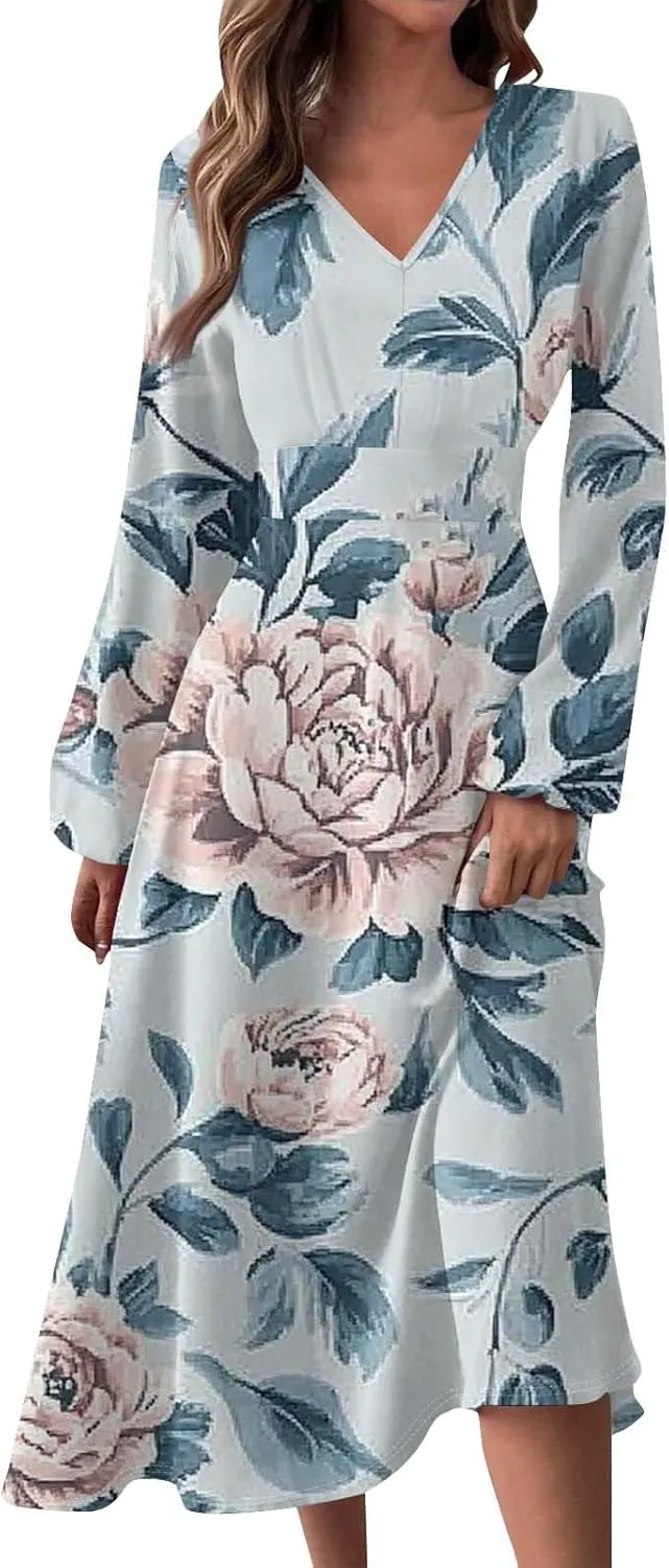 Spring Dresses for Women 2025 Midi V Neck Long Sleeve Summer Casual Modest Tea Length Western Loose Dress