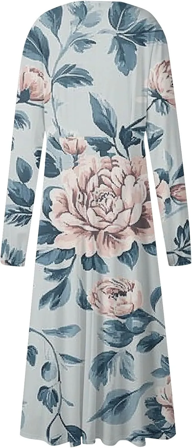 Spring Dresses for Women 2025 Midi V Neck Long Sleeve Summer Casual Modest Tea Length Western Loose Dress