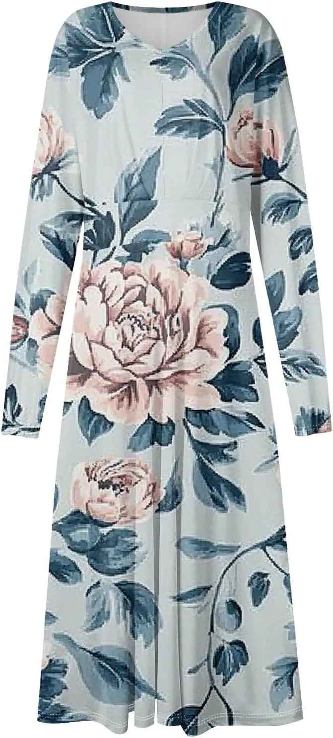 Spring Dresses for Women 2025 Midi V Neck Long Sleeve Summer Casual Modest Tea Length Western Loose Dress