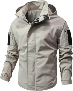 Stand Collar Zipper Hooded Windbreaker Jacket for Men Long Sleeve Windproof Coat Casual Outdoor Jacket with Pocket