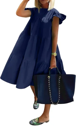 Summer Babydoll Dresses for Women 2025 Plus Size Ruffle Dress Casual Cap Sleeve Flowy Midi Dress