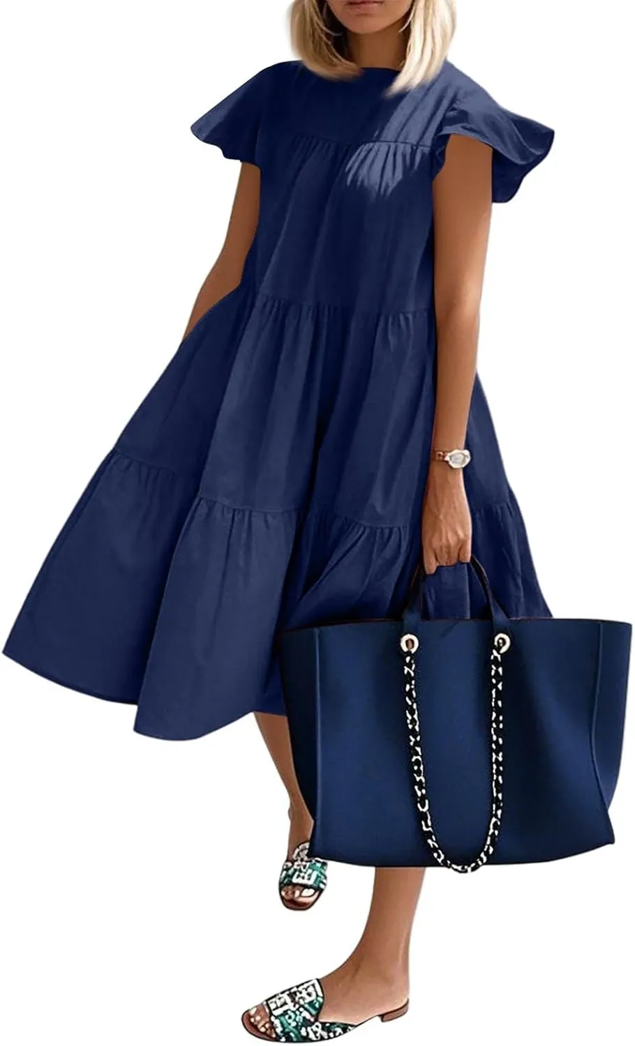 Summer Babydoll Dresses for Women 2025 Plus Size Ruffle Dress Casual Cap Sleeve Flowy Midi Dress
