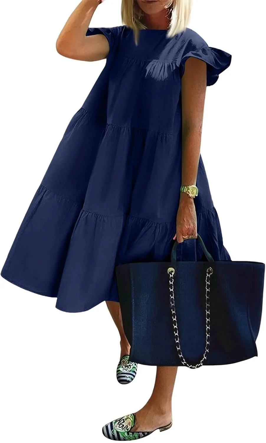Summer Babydoll Dresses for Women 2025 Plus Size Ruffle Dress Casual Cap Sleeve Flowy Midi Dress