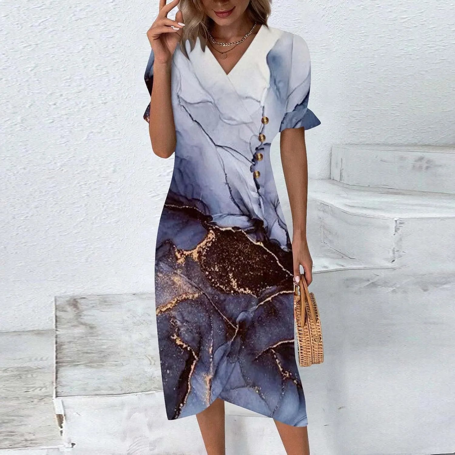 Summer Beach Dress Casual Sleeveless V Neck Boho Floral Maxi Sundress with Pockets Tiered Ruffle Elastic Waist