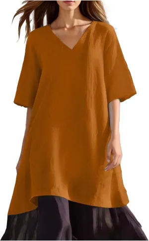 Summer Dress Women Fashion Solid Casual V Neck Five Point Sleeve Sexy Comfortable Dress