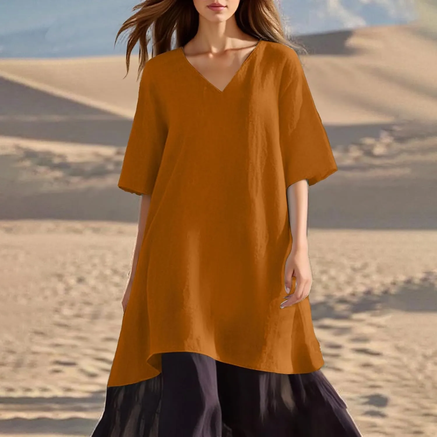 Summer Dress Women Fashion Solid Casual V Neck Five Point Sleeve Sexy Comfortable Dress