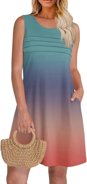 Summer Dresses for Women 2025 Beach Vacation Spring Clothes Sleeveless Round Neck Folds Casual Sun Dress