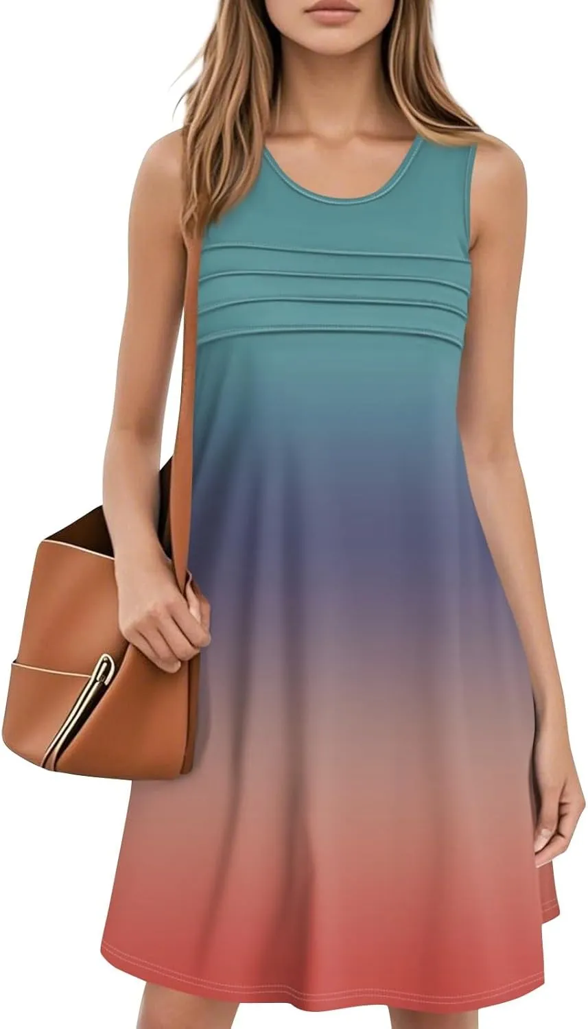 Summer Dresses for Women 2025 Beach Vacation Spring Clothes Sleeveless Round Neck Folds Casual Sun Dress