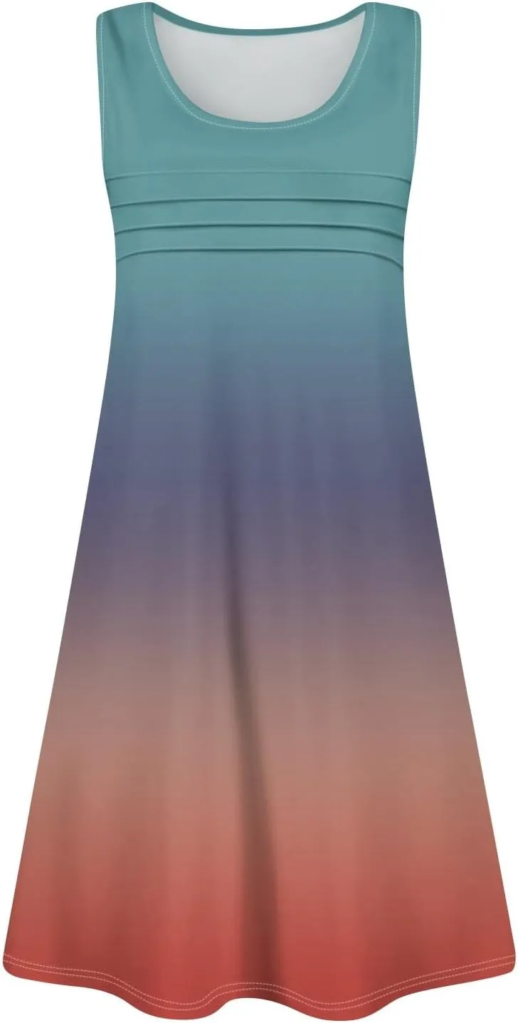 Summer Dresses for Women 2025 Beach Vacation Spring Clothes Sleeveless Round Neck Folds Casual Sun Dress