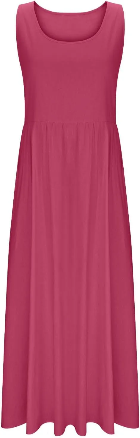 Summer Dresses for Women 2025 Casual Sleeveless Solid Color Sundress Loose Fit Round Neck Vacation Beach Dress