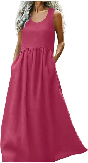 Summer Dresses for Women 2025 Casual Sleeveless Solid Color Sundress Loose Fit Round Neck Vacation Beach Dress