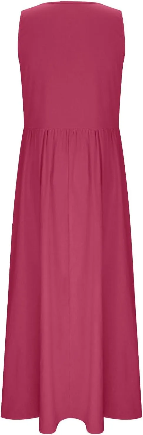 Summer Dresses for Women 2025 Casual Sleeveless Solid Color Sundress Loose Fit Round Neck Vacation Beach Dress