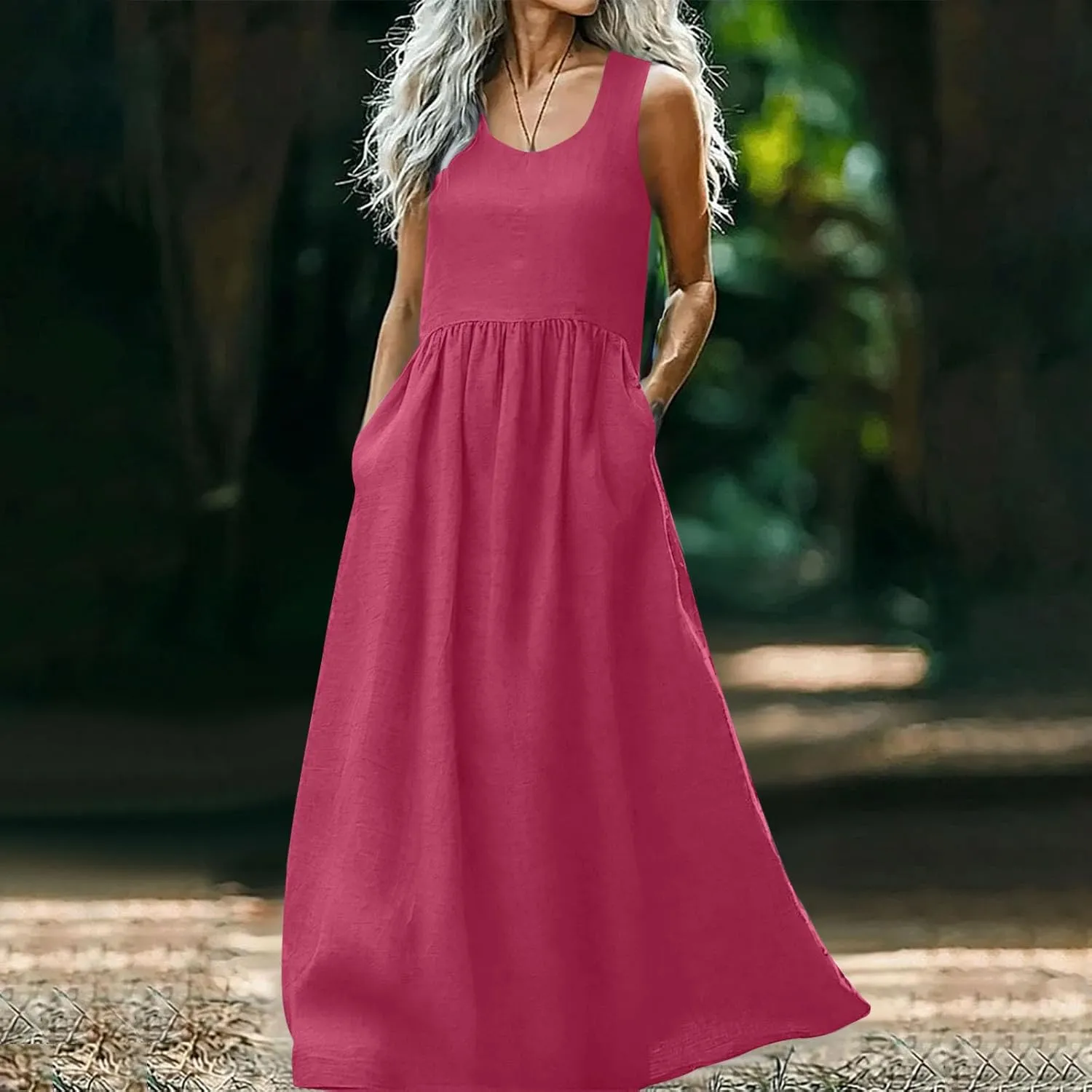 Summer Dresses for Women 2025 Casual Sleeveless Solid Color Sundress Loose Fit Round Neck Vacation Beach Dress