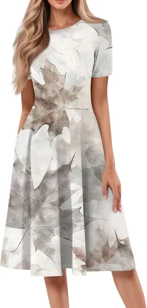 Summer Dresses for Women 2025 Cinch Waist Midi Sun Dress Vacation Crewneck Short Sleeve A Line Dress Side Pockets