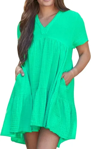 Summer Dresses for Women 2025 Loose V Neck Casual Short Sleeve Sundress Fashion Pleated Vacation Dress with Pockets