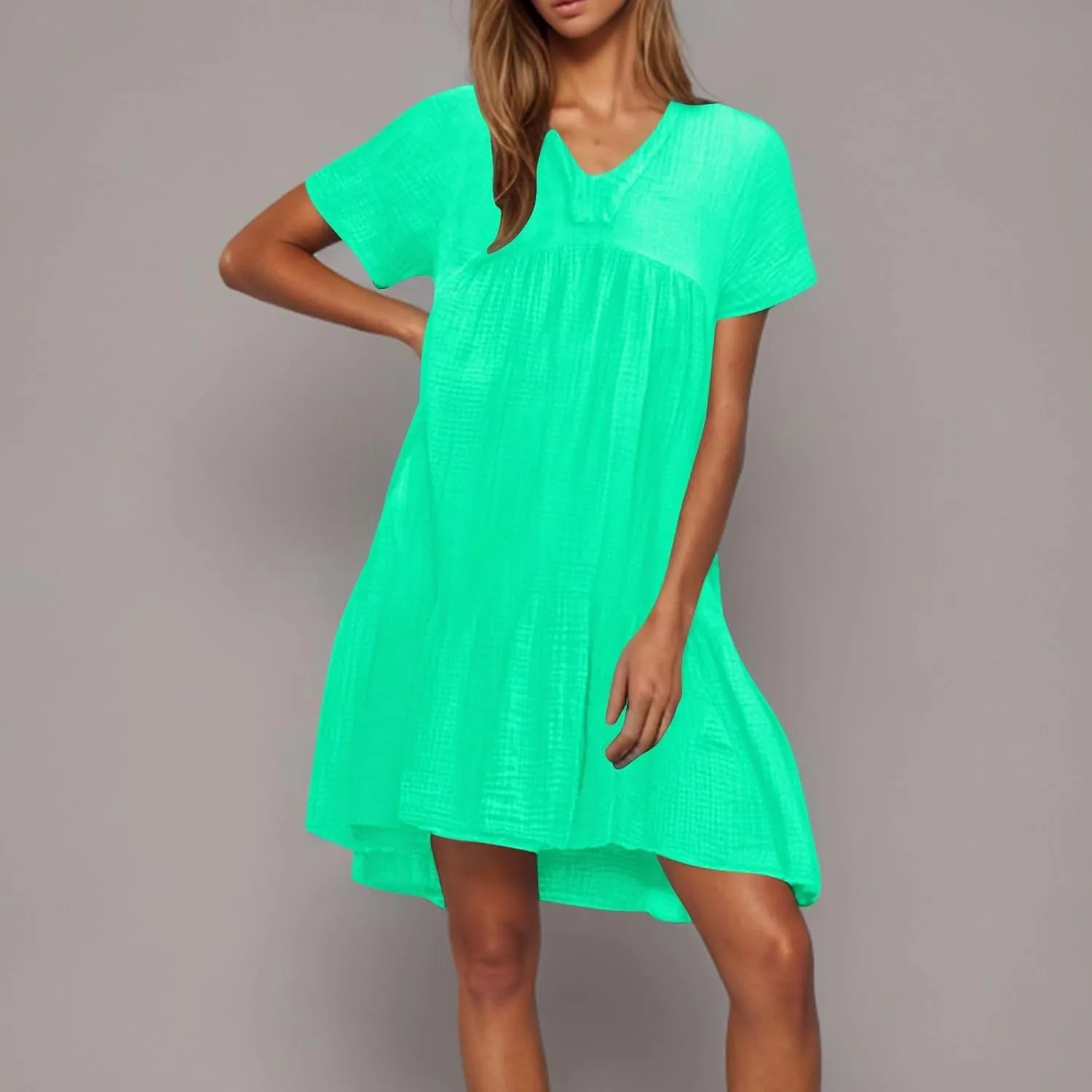 Summer Dresses for Women 2025 Loose V Neck Casual Short Sleeve Sundress Fashion Pleated Vacation Dress with Pockets