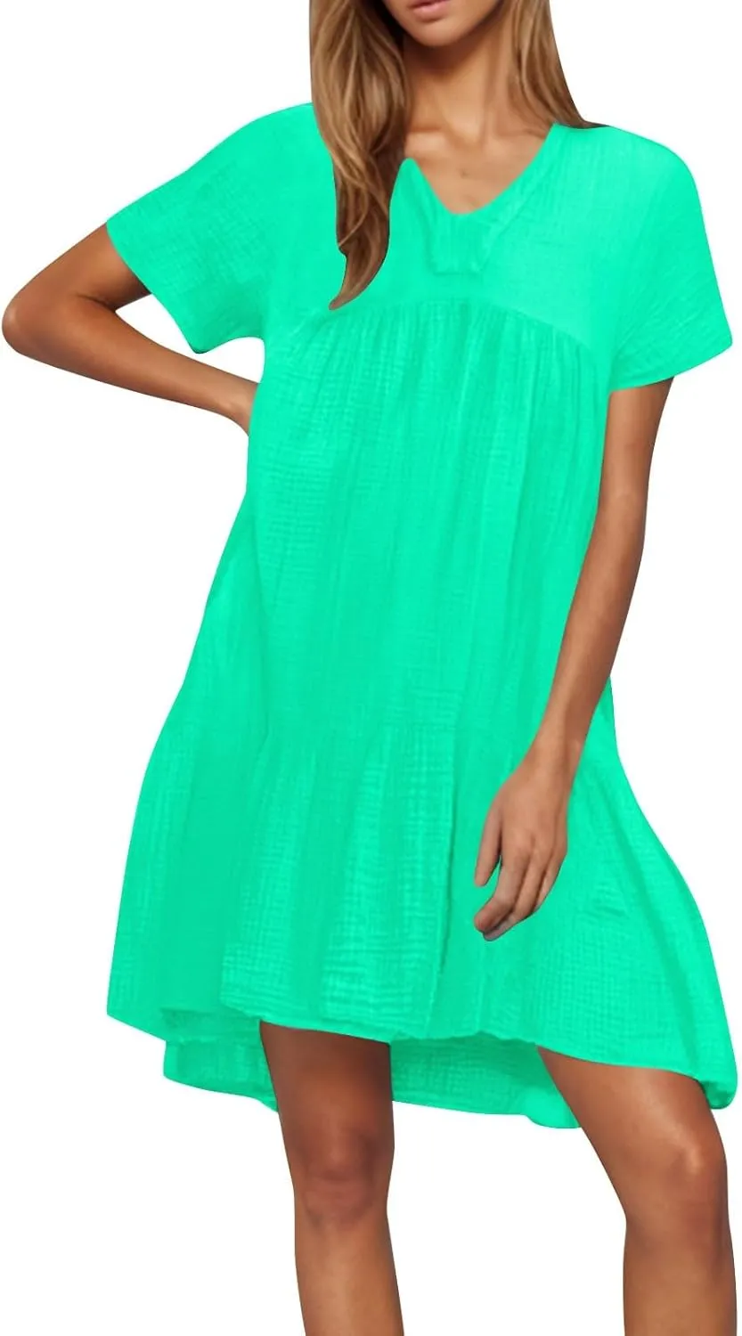 Summer Dresses for Women 2025 Loose V Neck Casual Short Sleeve Sundress Fashion Pleated Vacation Dress with Pockets