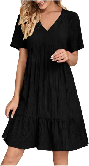 Summer Dresses for Women 2025 Pleated Tiered A Line Flowy Midi Dress Casual Fashion Short Sleeve V Neck Sundress