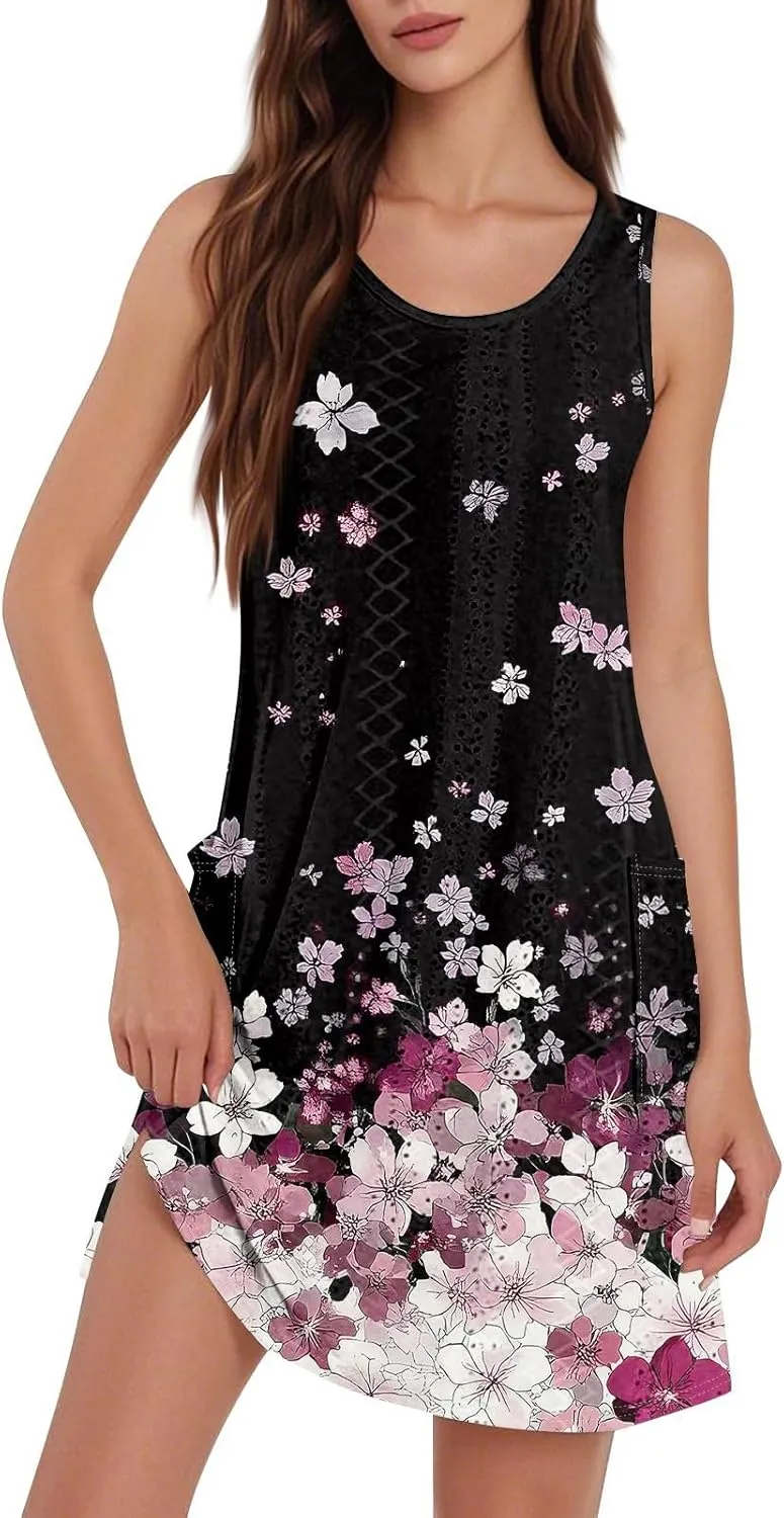 Summer Dresses for Women 2025 Printed Beach Vacation Dress Sleeveless O Neck Tank Dress Casual Sundress with Pockets