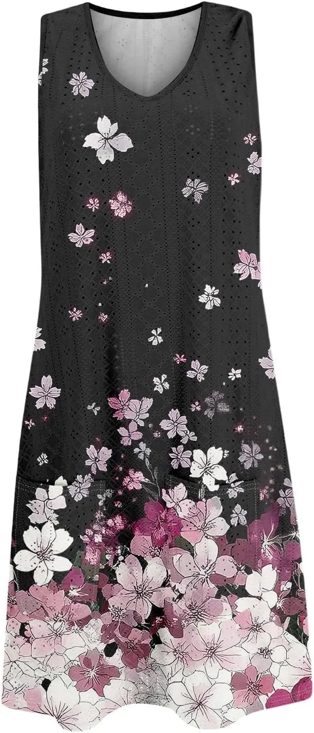 Summer Dresses for Women 2025 Printed Beach Vacation Dress Sleeveless O Neck Tank Dress Casual Sundress with Pockets