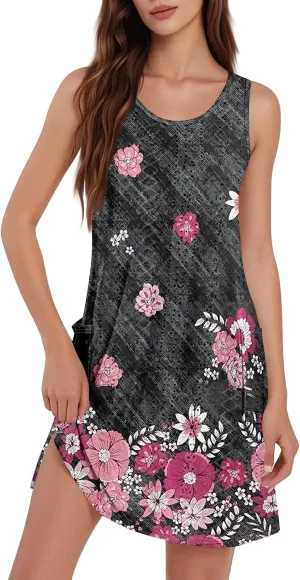 Summer Dresses for Women 2025 Printed Beach Vacation Dress Sleeveless O Neck Tank Dress Casual Sundress with Pockets