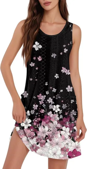 Summer Dresses for Women 2025 Printed Beach Vacation Dress Sleeveless O Neck Tank Dress Casual Sundress with Pockets