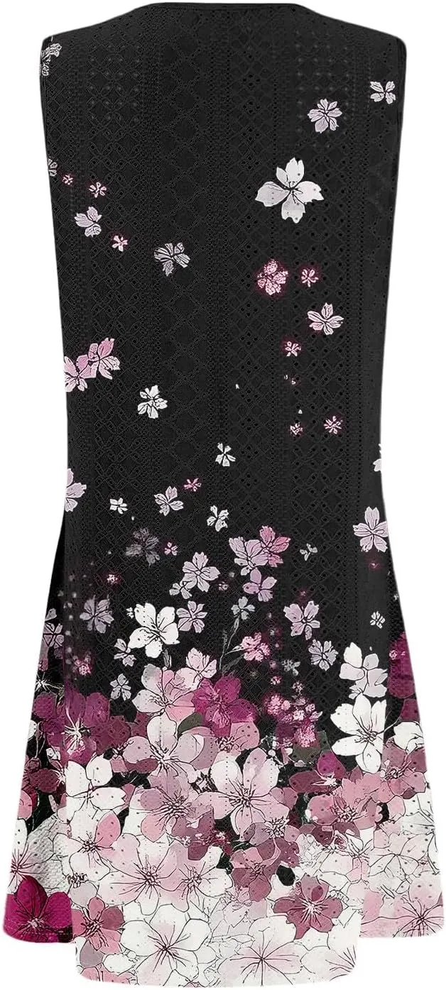 Summer Dresses for Women 2025 Printed Beach Vacation Dress Sleeveless O Neck Tank Dress Casual Sundress with Pockets