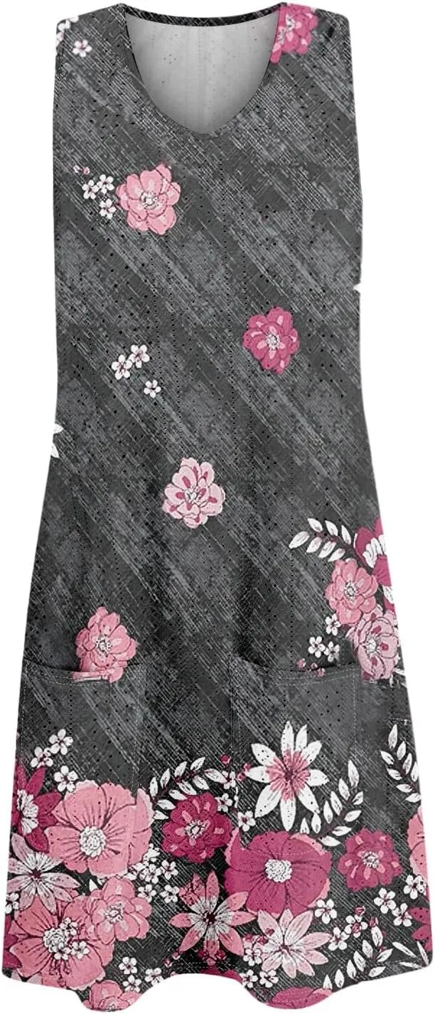 Summer Dresses for Women 2025 Printed Beach Vacation Dress Sleeveless O Neck Tank Dress Casual Sundress with Pockets