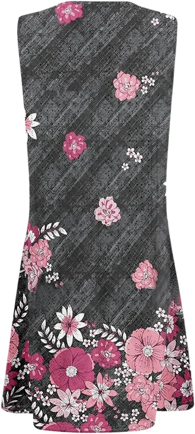 Summer Dresses for Women 2025 Printed Beach Vacation Dress Sleeveless O Neck Tank Dress Casual Sundress with Pockets