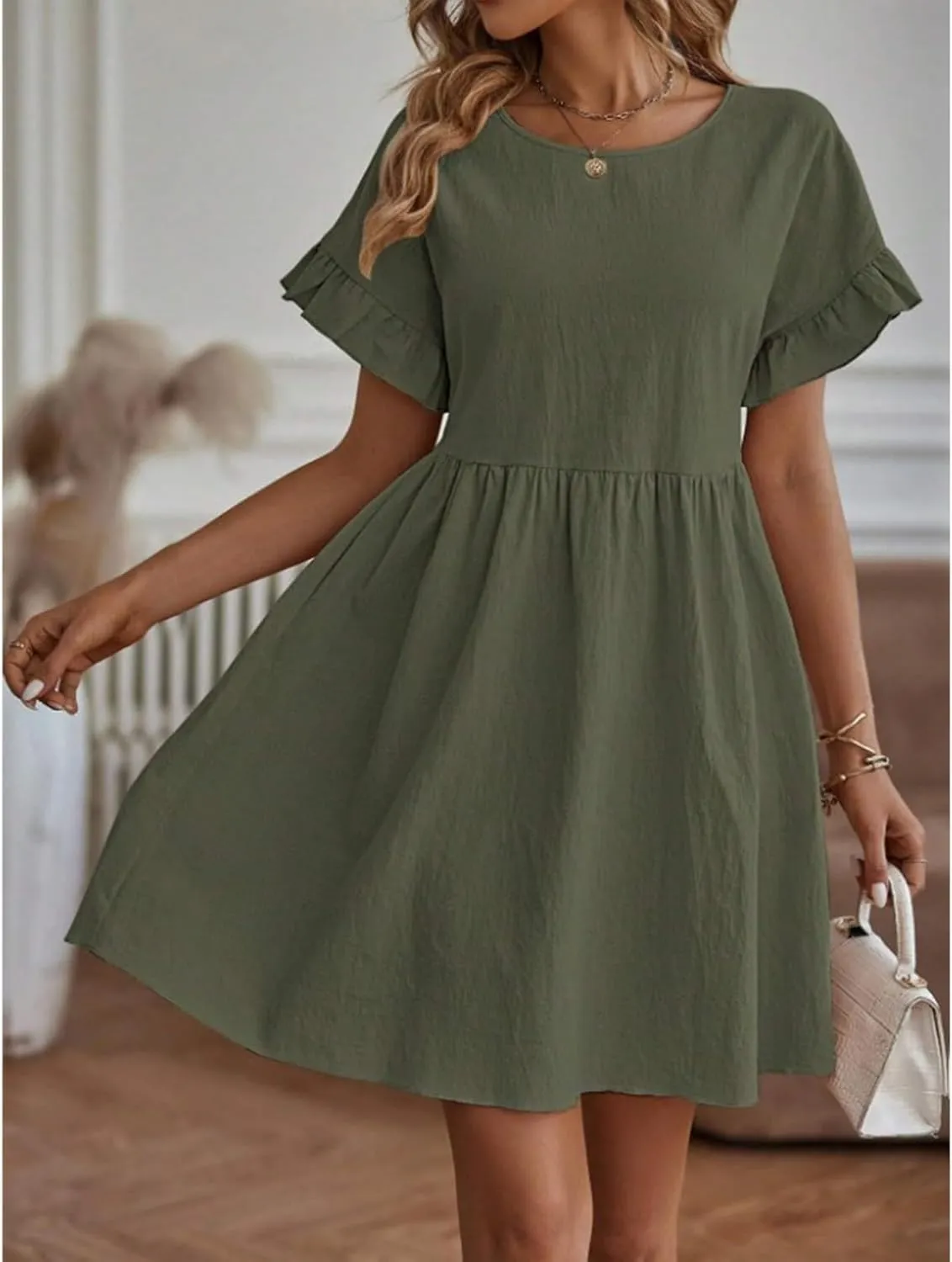 Summer Dresses for Women 2025 Ruffle Short Sleeve Round Neck Dresses Cotton Linen A-Line T-Shirt Loose Elegant Dress